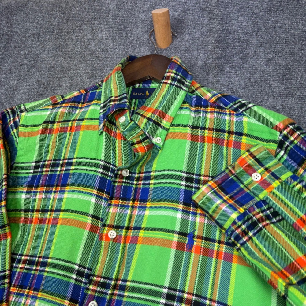 Ralph Lauren Flannel Shirt Mens M Green Plaid Cotton Button Down 0565